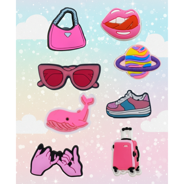 Джибітси рожева тематика мода Pink Jibbitz 8 шт аксесуари крокс прикраса