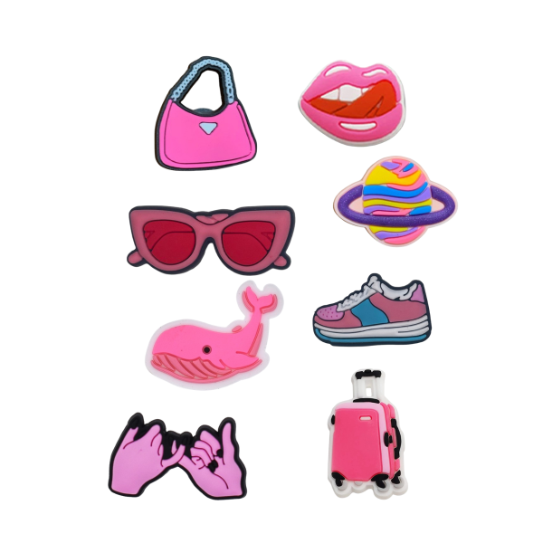 Джибітси рожева тематика мода Pink Jibbitz 8 шт аксесуари крокс прикраса