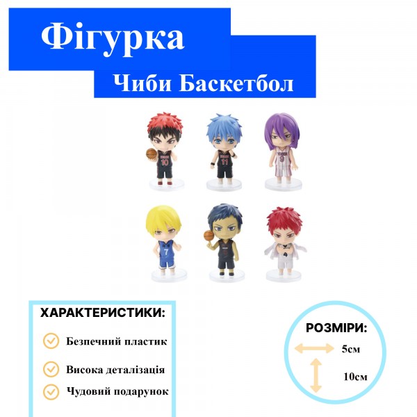Набір фігурок Чібі Баскетбол фігурки аніме Kuroko no Basuke Куроко, Кагамі, Аоміне, Акаші, Кісі, Мурасакібара дитячі іграшки 6 шт./компл. 10 см