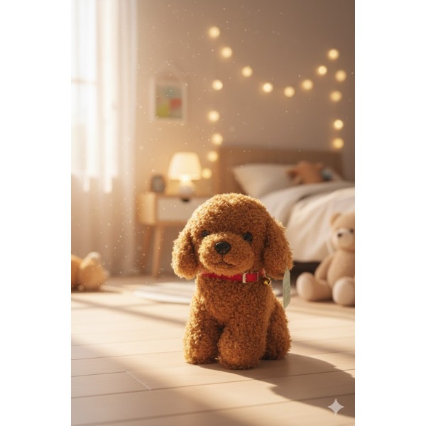 Мягкая игрушка собака Мальтипу Maltipoo кучерявый щенок с ошейником светло-коричневый 23 см