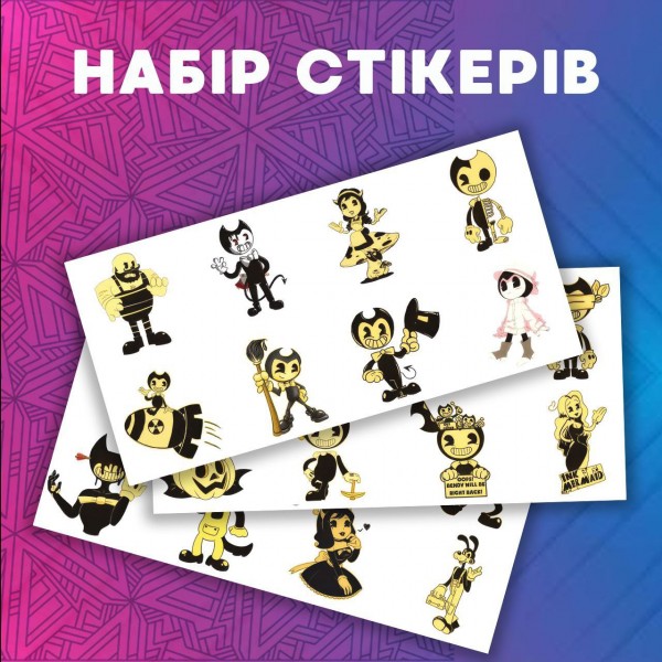 Стікери Бенді та Чорнильна машина Bendy and the Ink Machine стікерпак наклейки набір наклейок 48 шт